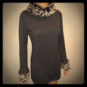 Grey Sweater with Faux Fur Collar and Cuffs